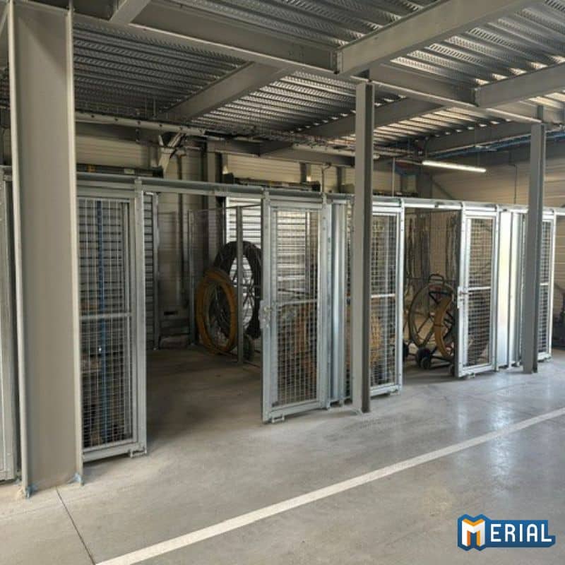 Porte coulissante de box grillagé ajustée entre les poteaux métalliques du bâtiment.
